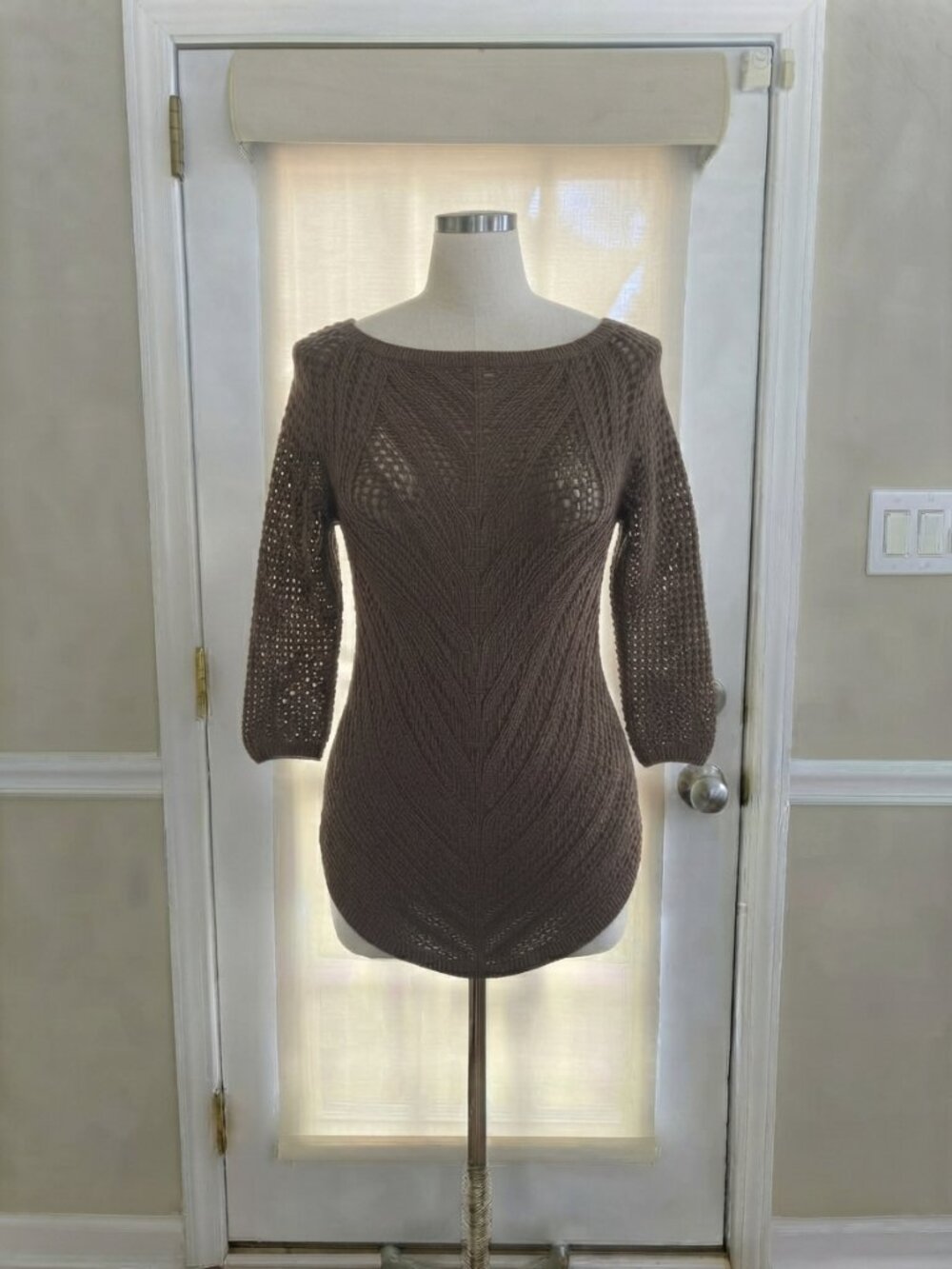 Brown Chevron Open Knit Curved Hem Sweater